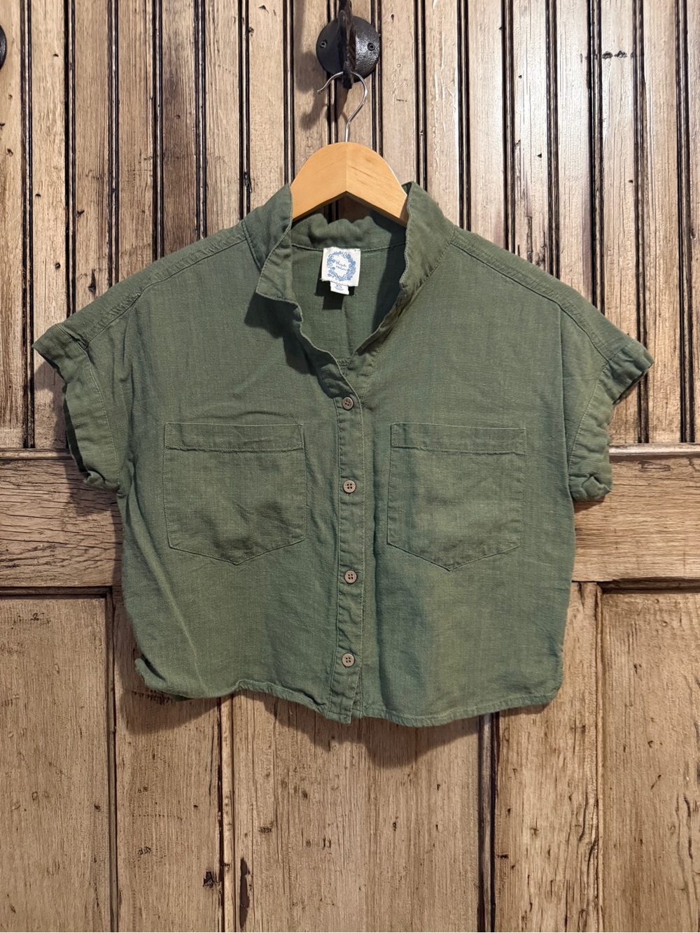 Blue Rain Olive Green Cropped Button-Up Shirt